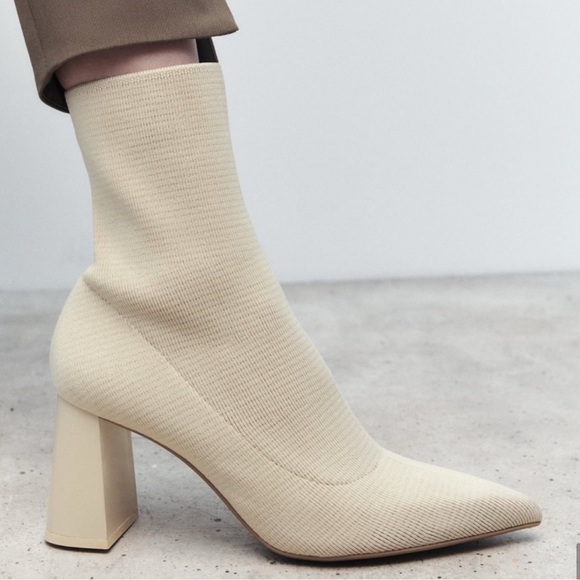 Zara Fabric Heeled Ankle Boots - Off White - Picture 3 of 5